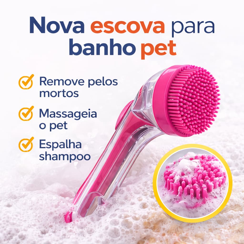 Escova Para Banho Pet Com Dispenser De Shampoo Rosa-bebe