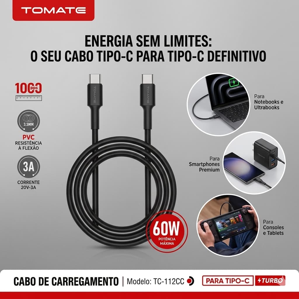 Cabo Tipo-C Turbo 60W TC-112CC Carregador Rápido USB-C 3A Compatível Celular Tablet Notebook Gamer