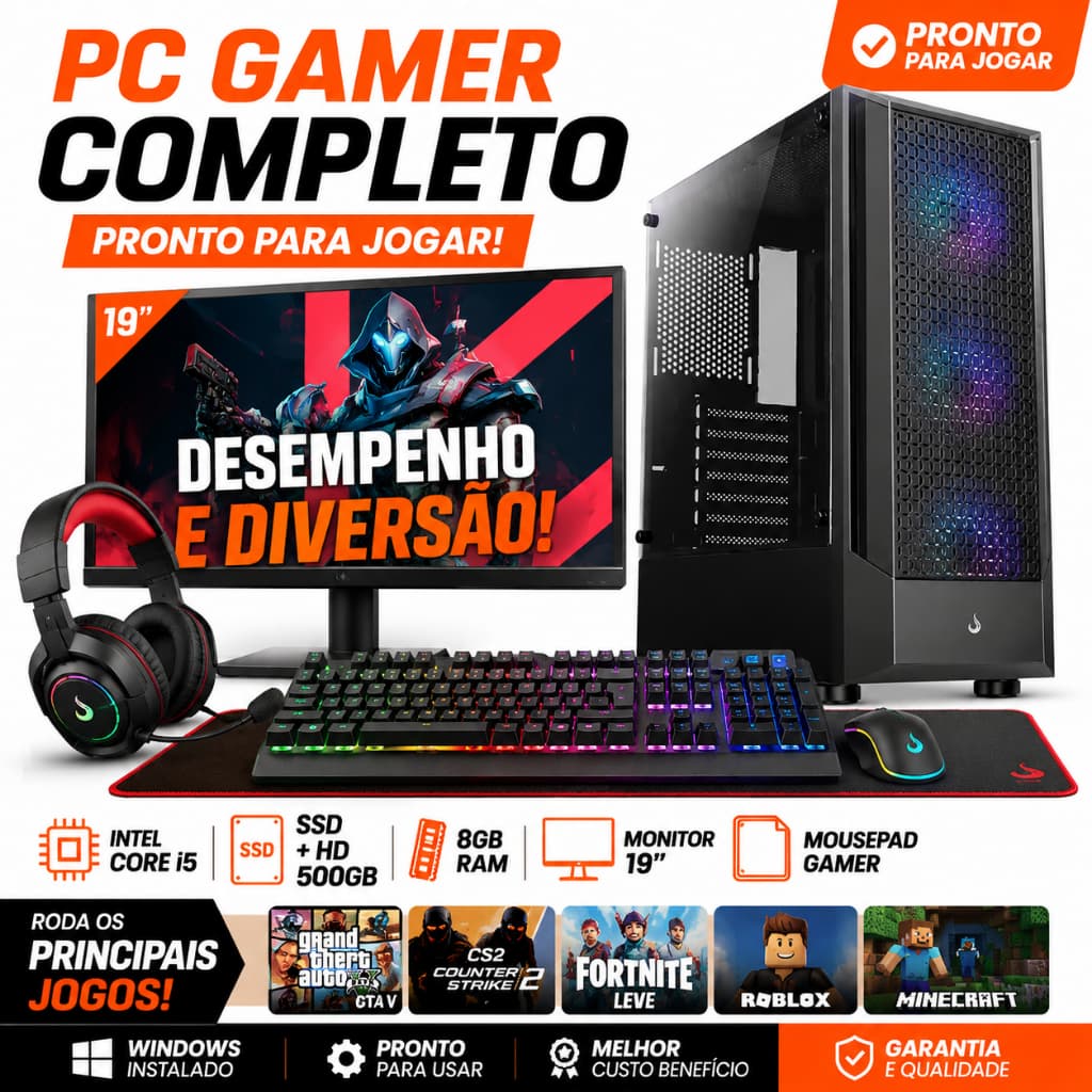 PC Gamer Completo Intel Core i5 + GT 210 | SSD + HD 500GB | 8GB RAM | Monitor 19” | Mousepad Gamer | Windows | GTA E CS2