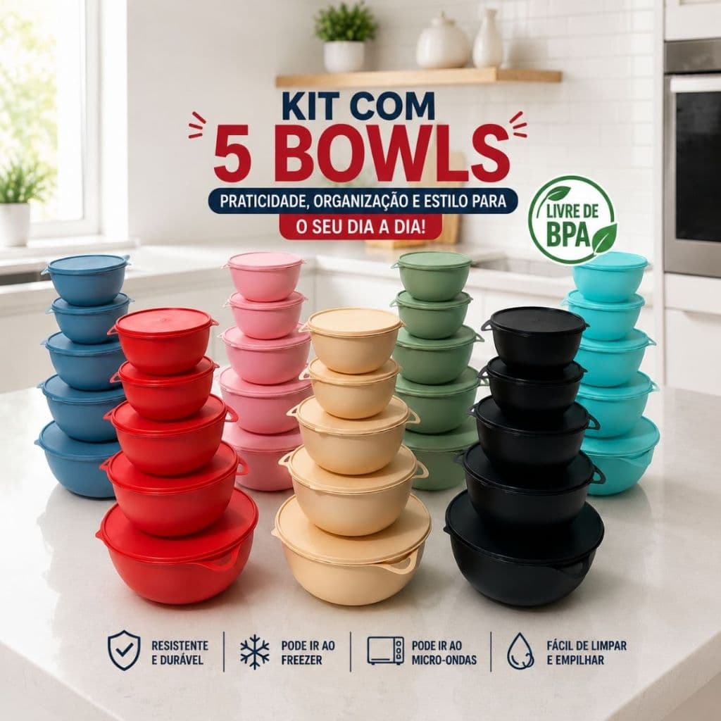 Kit 5 Potes Herméticos Bowl com Tampa Organizadores Cozinha Freezer Microondas
