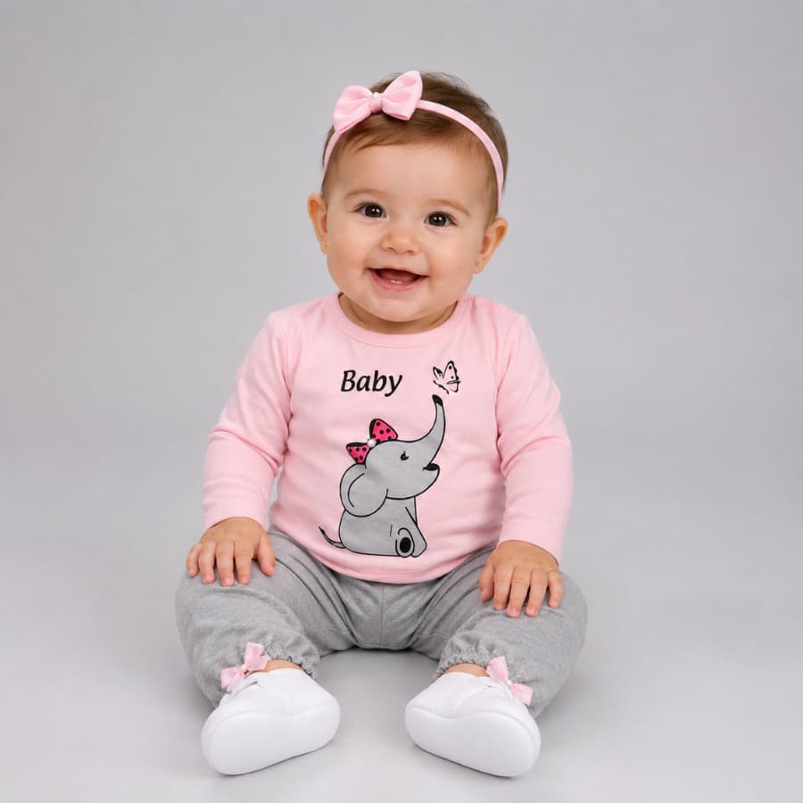 Conjunto de Bebê Menina Elefantinho Primaveira/Outono Meia Estação Fashion Mesversário 3 a 6 Meses