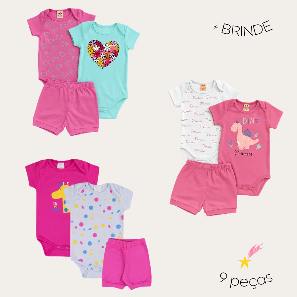 Kit Roupa de Bebê 9 Peças Body Manga Curta + Shorts + Bebê Menina Verão Algodão Enxoval