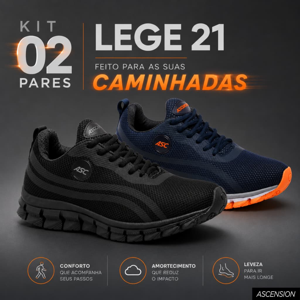 Kit 2 Pares Tênis para Caminhada Masculino Confortável Leve Ortopédico Lege 21 Confortavel