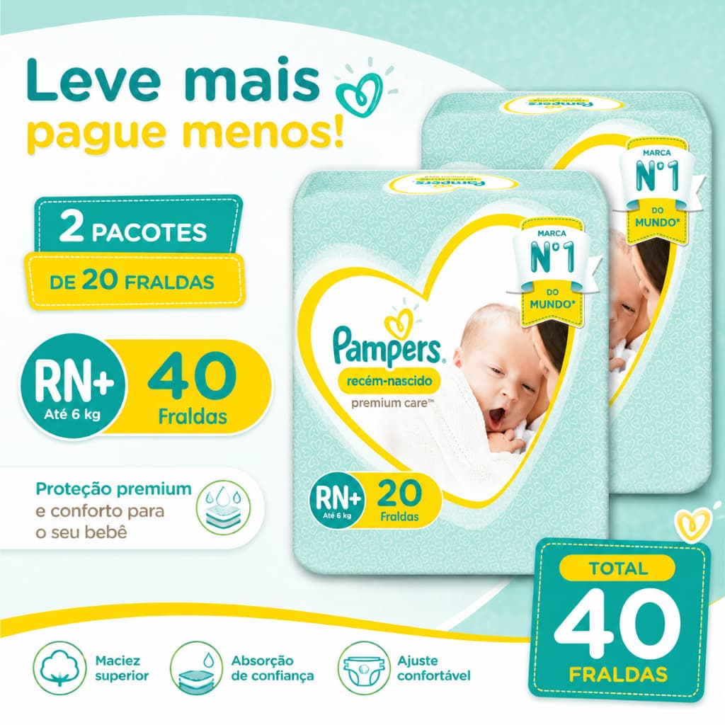 Fraldas Pampers Recém-Nascido Tamanho RN+ 2 pacotes 20 Un ou 36Un.