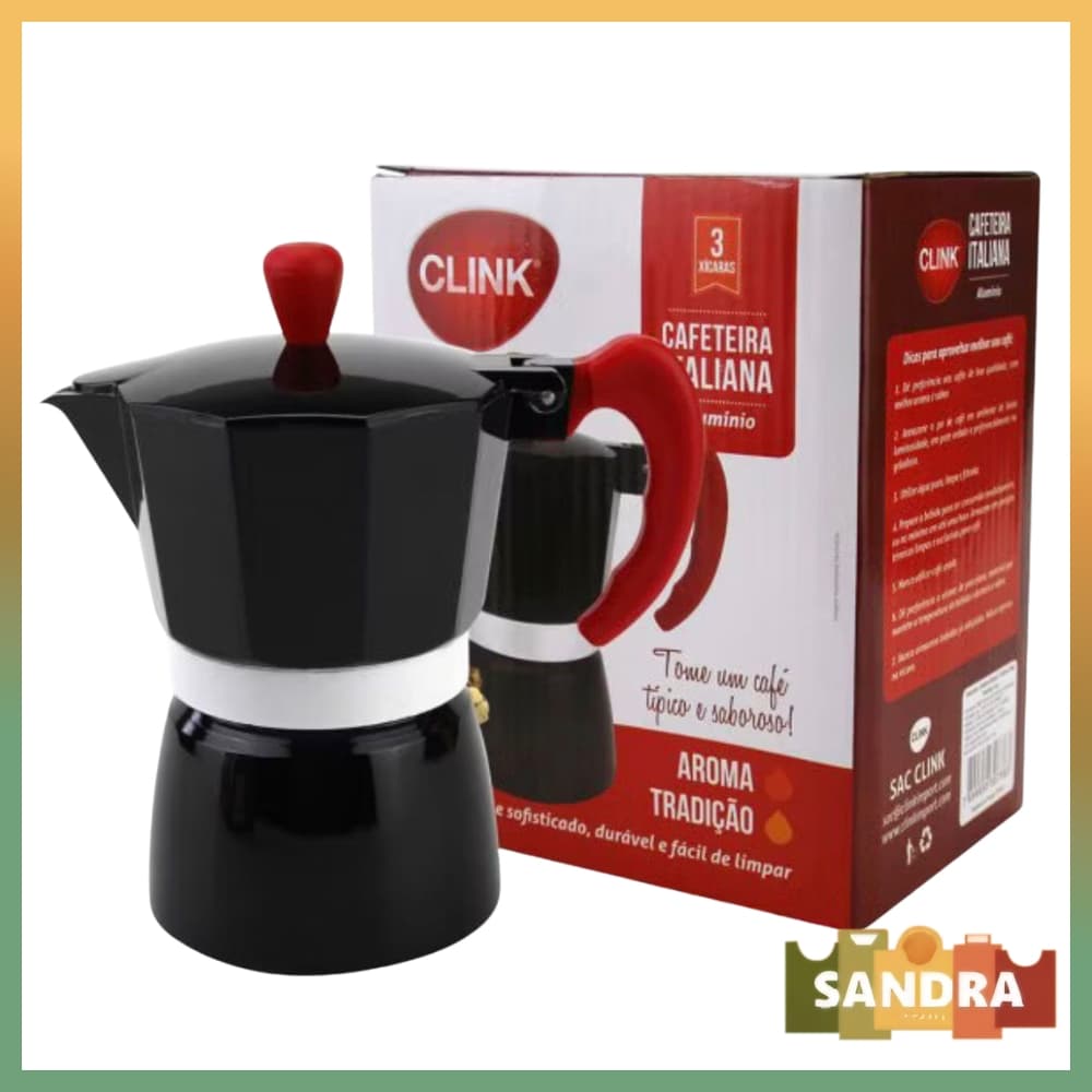 Clink Cafeteira Italiana Preta Alumínio 255mL 6 xicaras Café Expresso