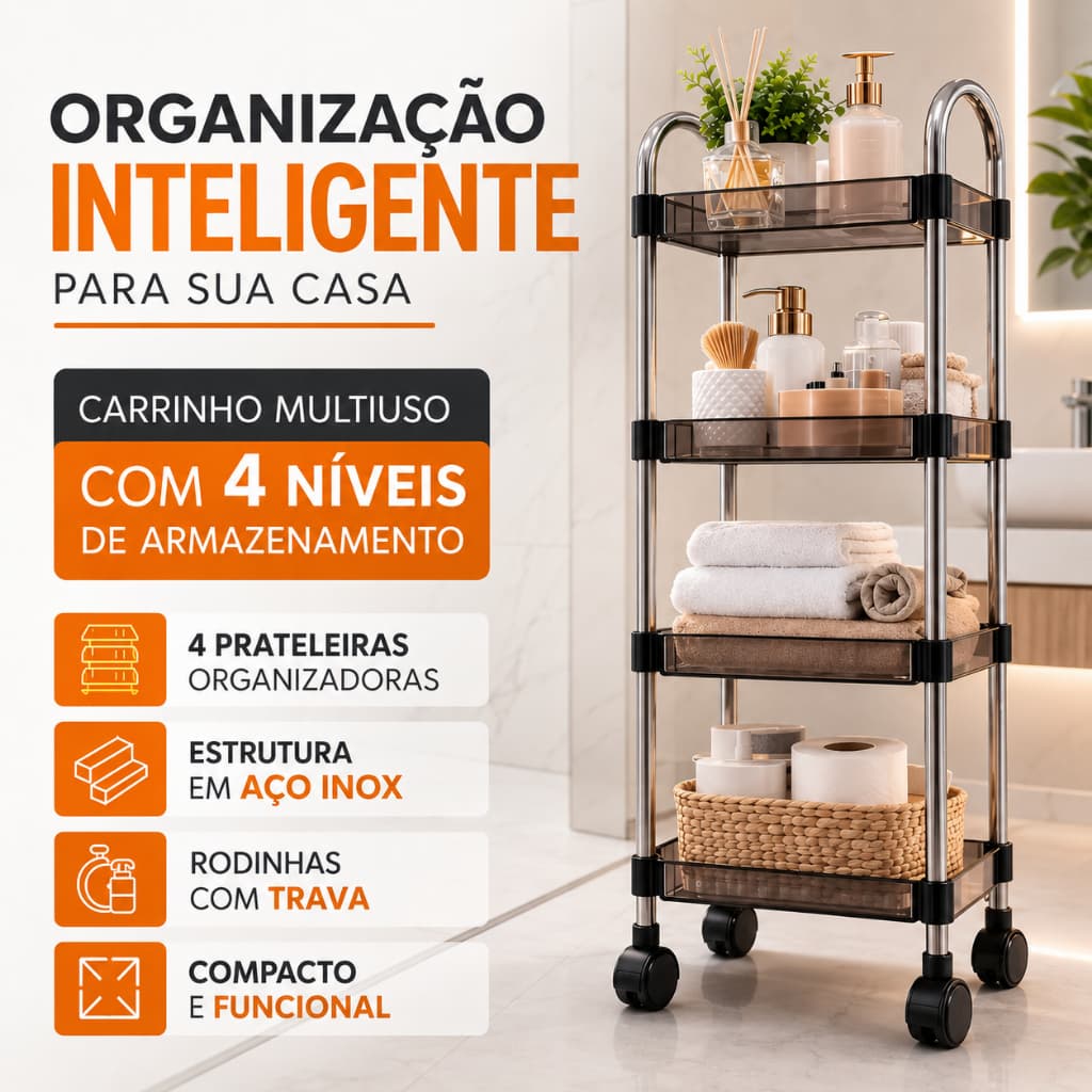 Carrinho Prateleira Organizador Grande 4 Andares Multiuso Prateleira Com Alça Com Rodas Cozinha Full