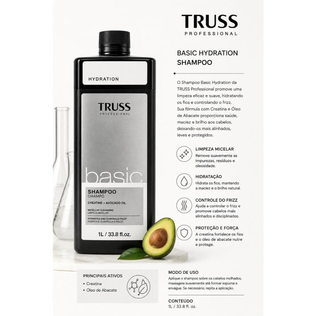 SHAMPOO BASIC PROFISSIONAL TRUSS HIDRATANTE  MACIEZ,VITALIDADE, ANTI FRIZZ, BRILHO E FORTALECIMENTO.