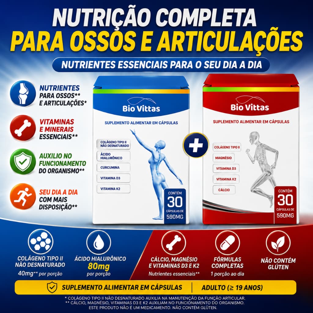 Cálcio + Vitamina D3 + Magnésio + K2 + Colágeno Tp 2 + Curcumina (Condrivitas + Flexvittas) 30 Cáps - Bio Vittas