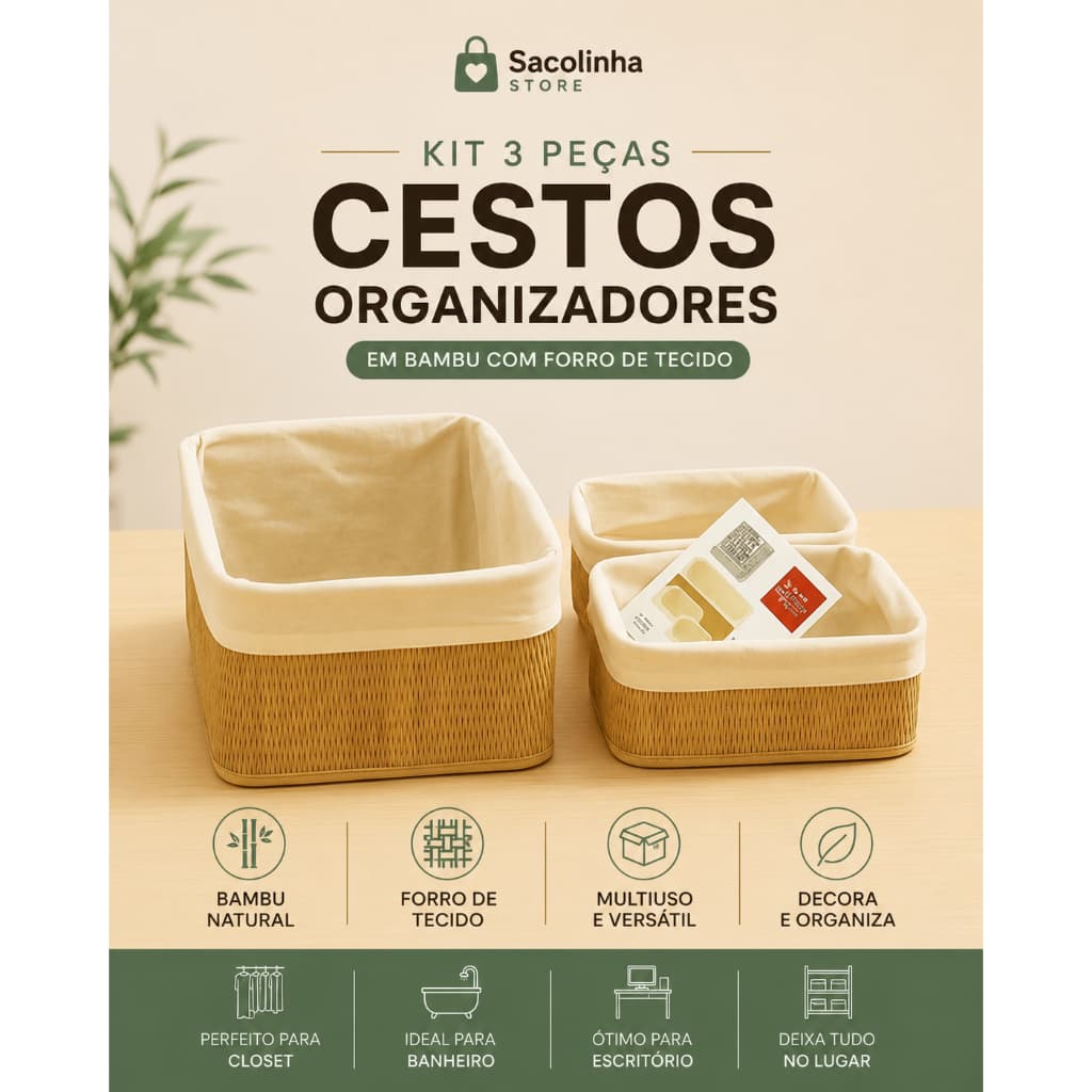 Kit 3 Cestos Organizadores em Bambu com Forro de Tecido Organizador Multiuso para Closet Banheiro e Escritório