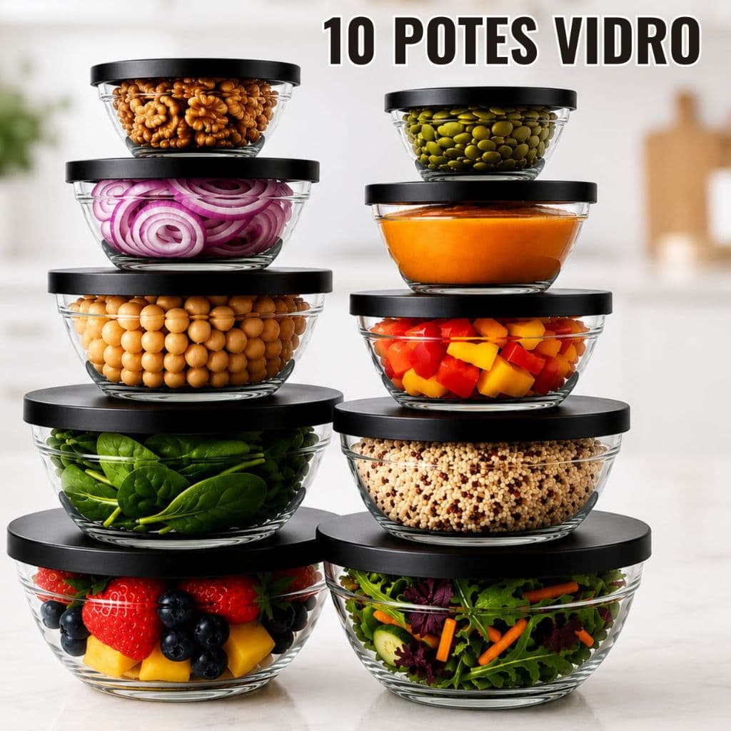 Conjunto 5/10 Potes Vidro Com Tampa Jogo De Vasilhas Tigelas Bowls Organizadores Cozinha Multiuso