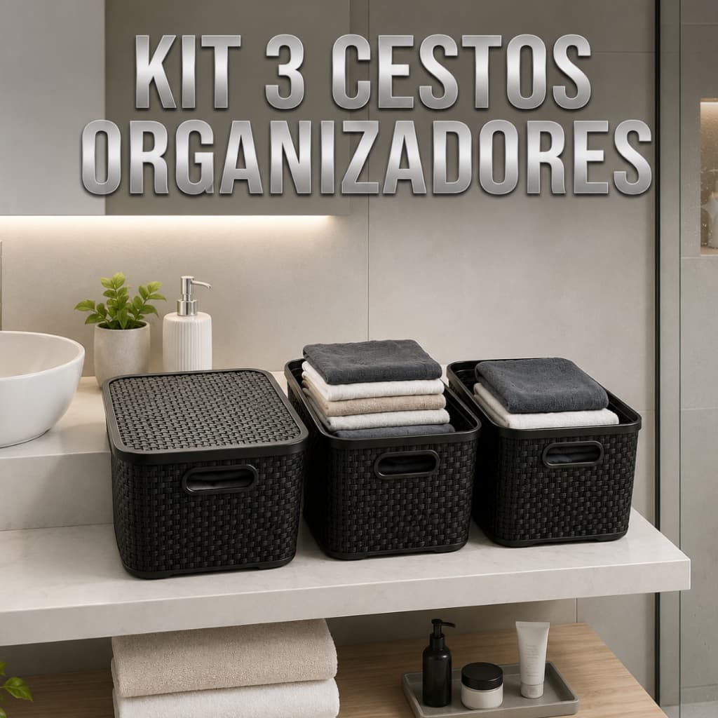 Kit até 03 Cesto Organizador 7 Litros Rattan Com Tampa Caixa Organizadora Multiuso Para Armário Banheiro Escritório