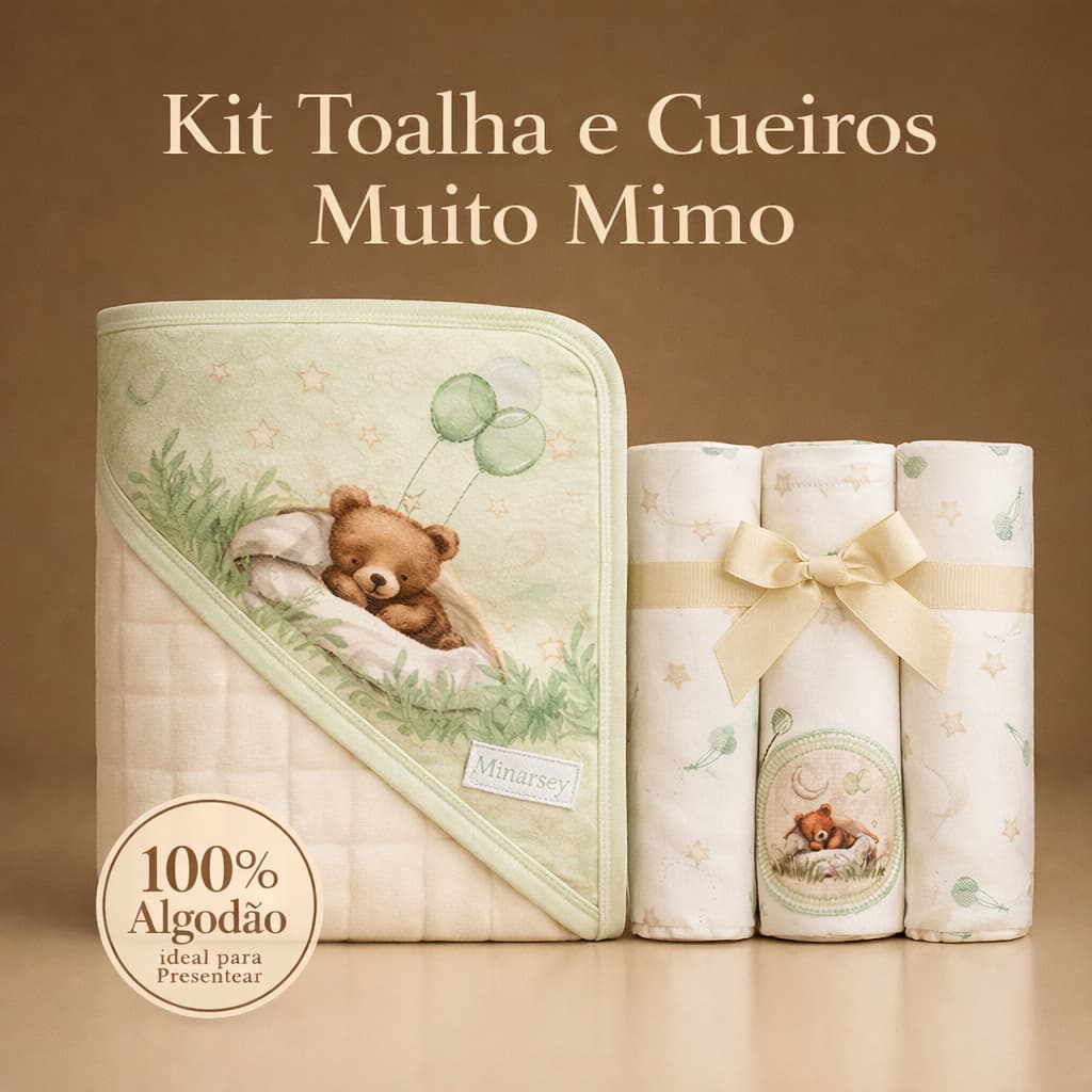 Kit Enxoval Bebê Toalha de Banho com Capuz + 3 Cueiros Flanelados 80x80 100% Algodão Recém-Nascido Menino Menina