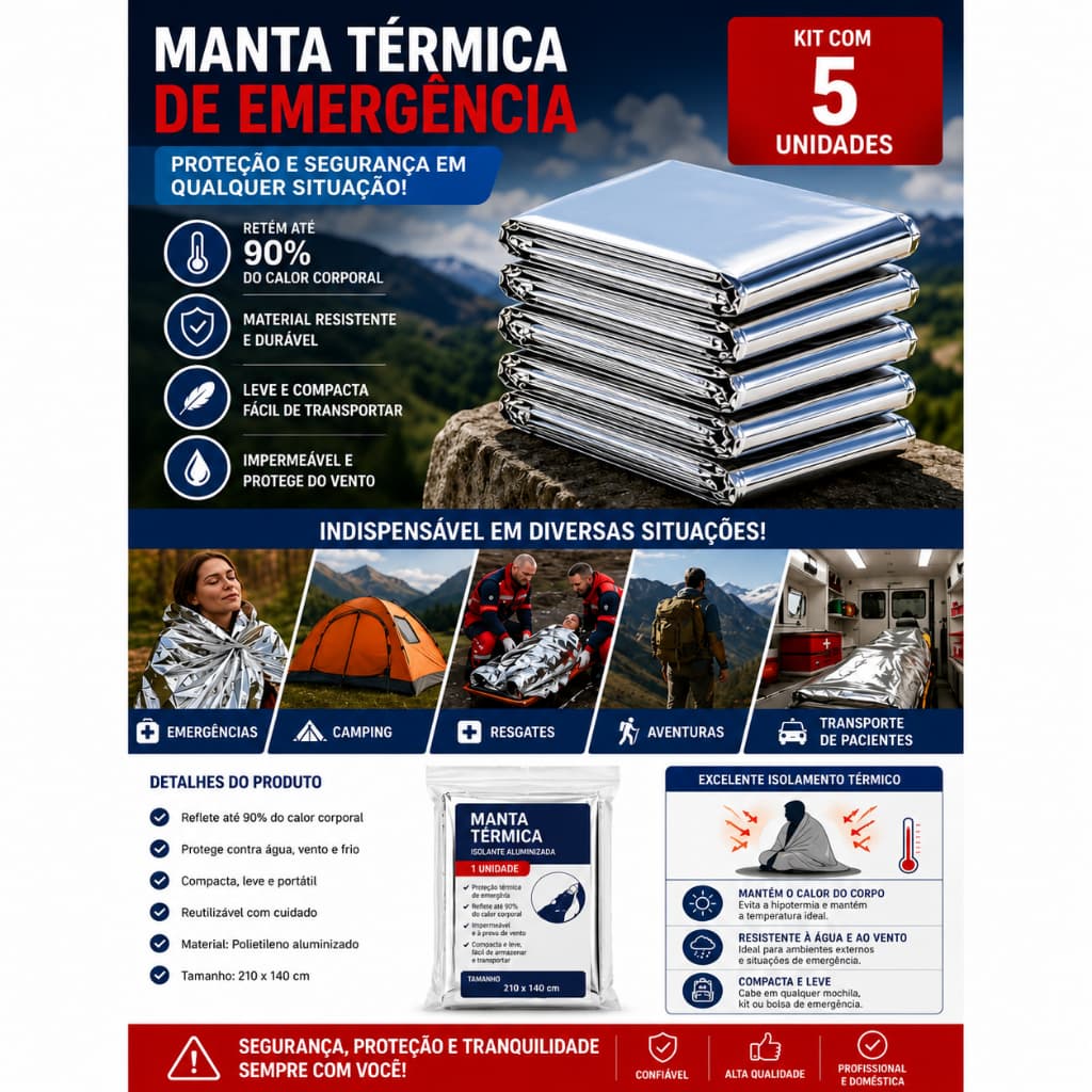 Kit 5 MANTA TÉRMICA ALUMINIZADA RESGATE SP 2,10M X 1,40M EMERGÊNCIA SOBREVIVÊNCIA PRIMEIROS SOCORROS