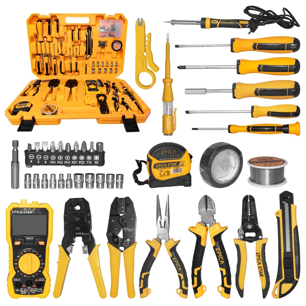 Kit Ferramentas Completo 91 Peças Multímetro Digital + Alicates Crimpador + Ferro de Solda + Chaves + Fita Métrica Malet