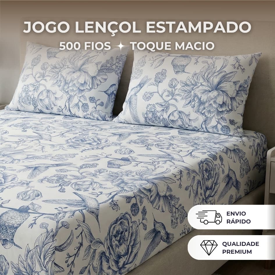Jogo de Lençol Estampado 3 peças 500 Fios Cama Solteiro Casal Queen King Micro Percal Penteado