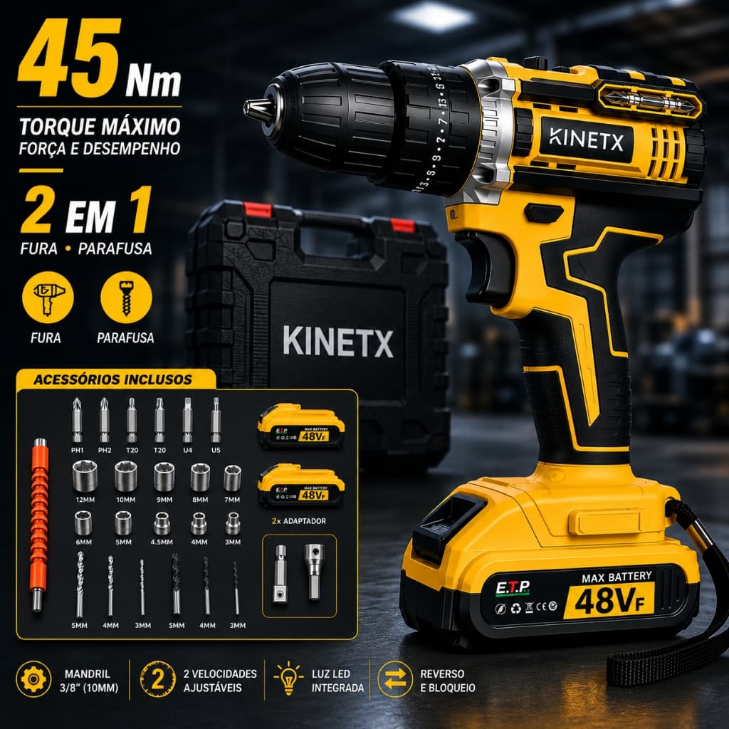Furadeira Parafusadeira De Impacto 48VF Sem Fio 2 Baterias Kit Completo Com Maleta Bivolt Kinetx