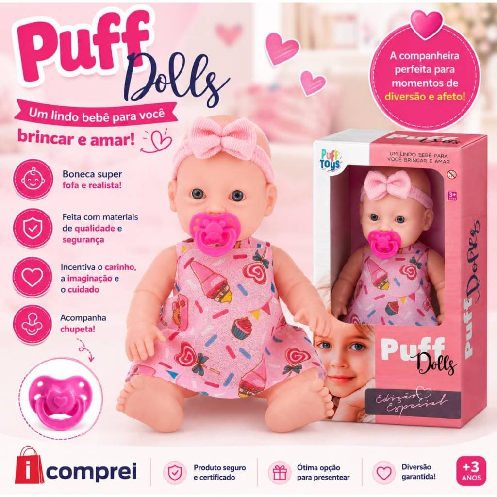 Boneca Puff Dolls Com Chupeta Rosa Menina Brinquedo Infantil Bebê