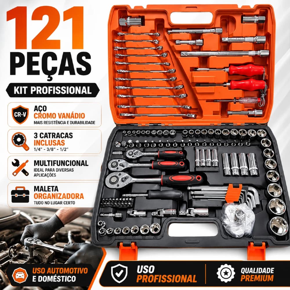 Jogo Caixa De Ferramentas Chave Soquete Catraca Chave Combinada 121 Peças Multi Funções - Multifuncional Profissional