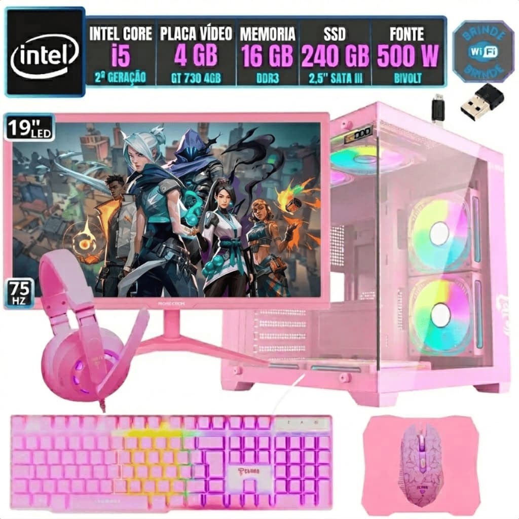 PC Gamer Computador Completo Kit Intel i5 Memoria 16GB SSD 240GB Placa Vídeo 4 Monitor 19 Combo Rosa