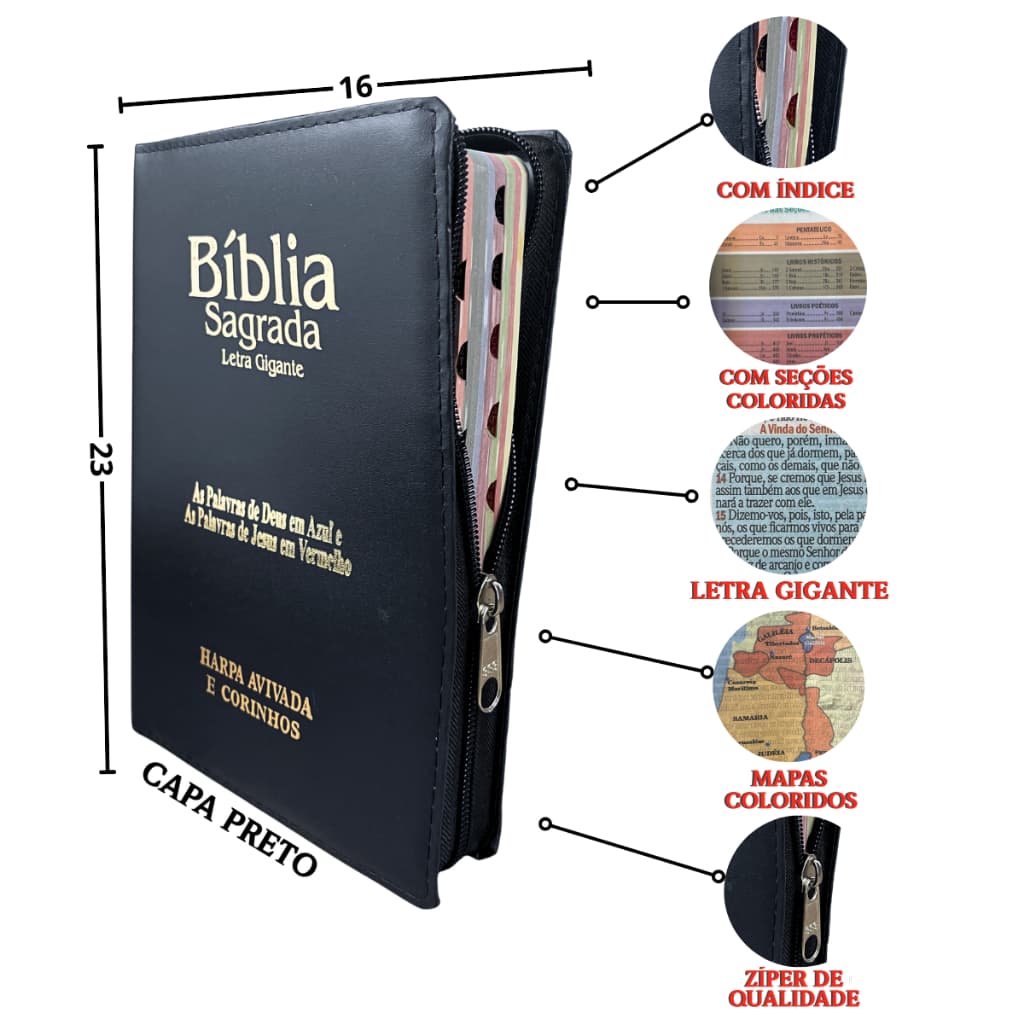 Bíblia Sagrada Gigante ARC Almeida Corrigida Harpa Cristã PJV zíper Índice Preto Palavras Vermelho