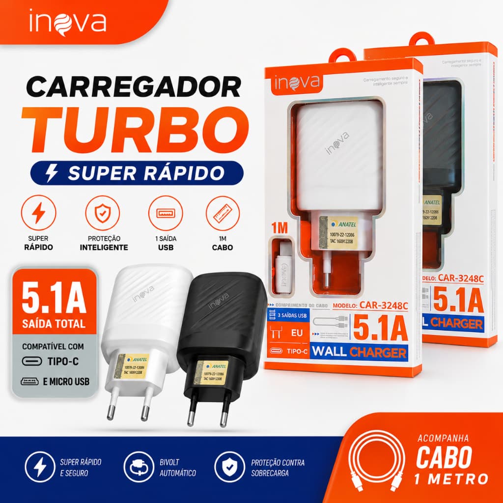 Carregador Turbo Tipo C 5.1A Inova Carregador Rápido Celular Cabo 1 Metro Bivolt