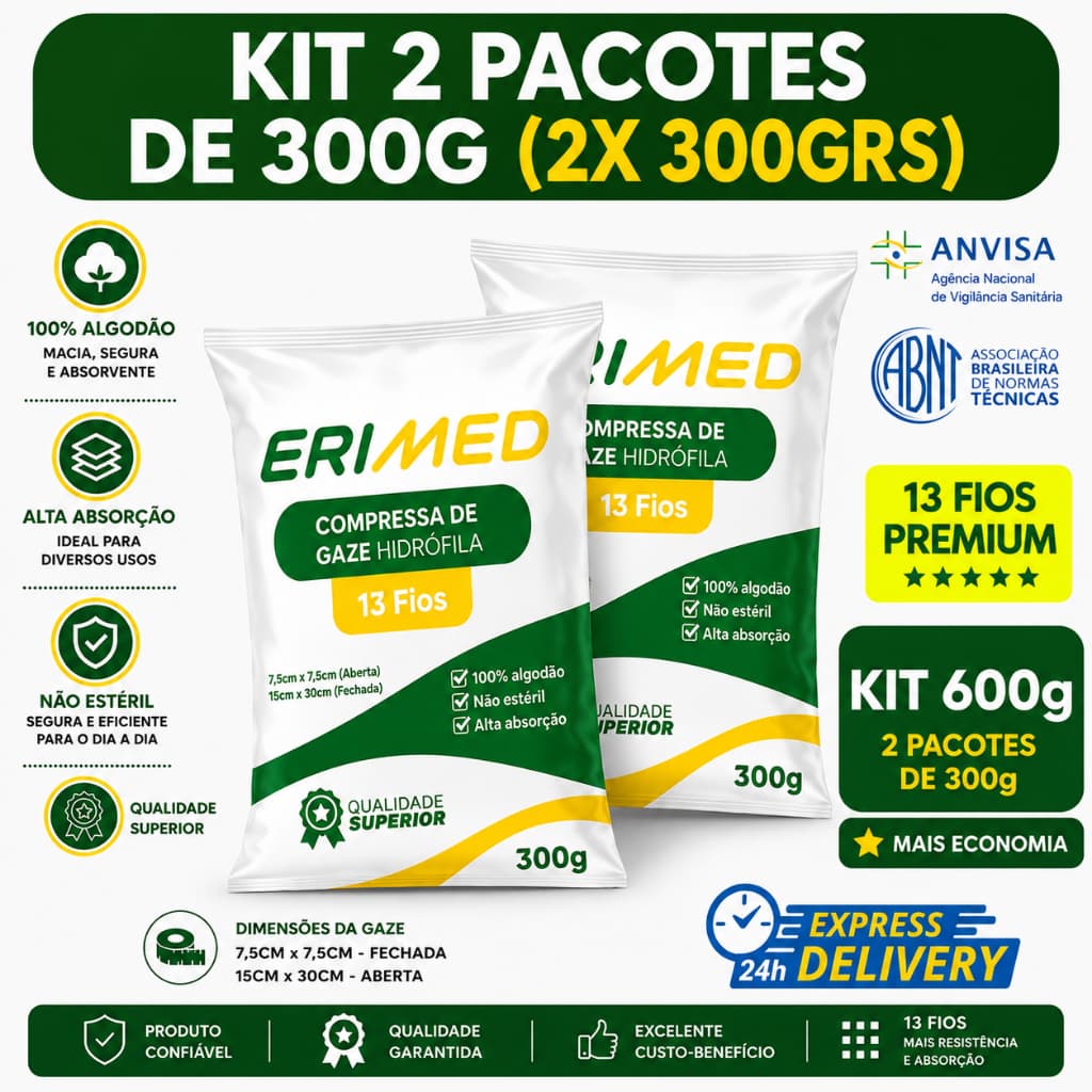 Kit 2 Compressa De Gaze 13 Fios 500 Unidades Hidrófila Gazes Descartável Anvisa 300 Gramas Erimed