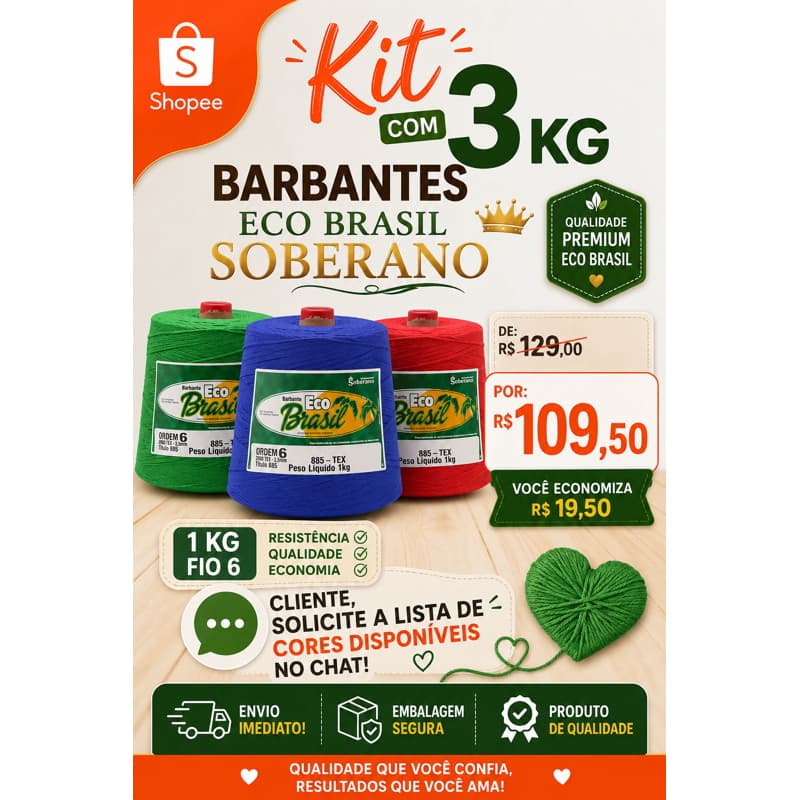 Kit 3kg Barbante Eco Brasil Soberano Fio 6 1kg para Crochê e Artesanato