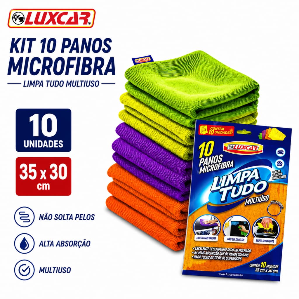 Kit 10 Panos Microfibra Luxcar  Limpa Tudo Multiuso Casa Carro Automóvel Limpeza Trabalho