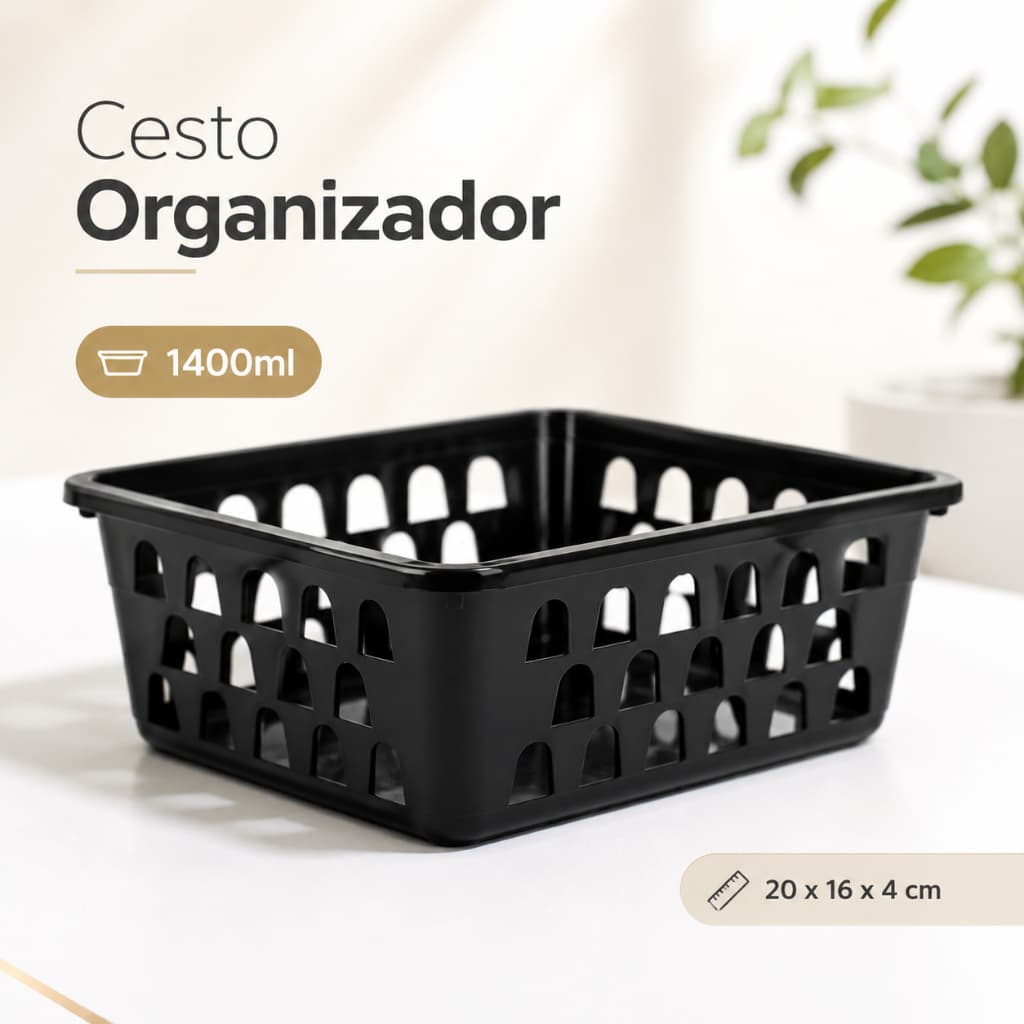 Cestinha Organizadora Plástica Preta 1400ml Cesto Multiuso Retangular Banheiro Cozinha Escritório