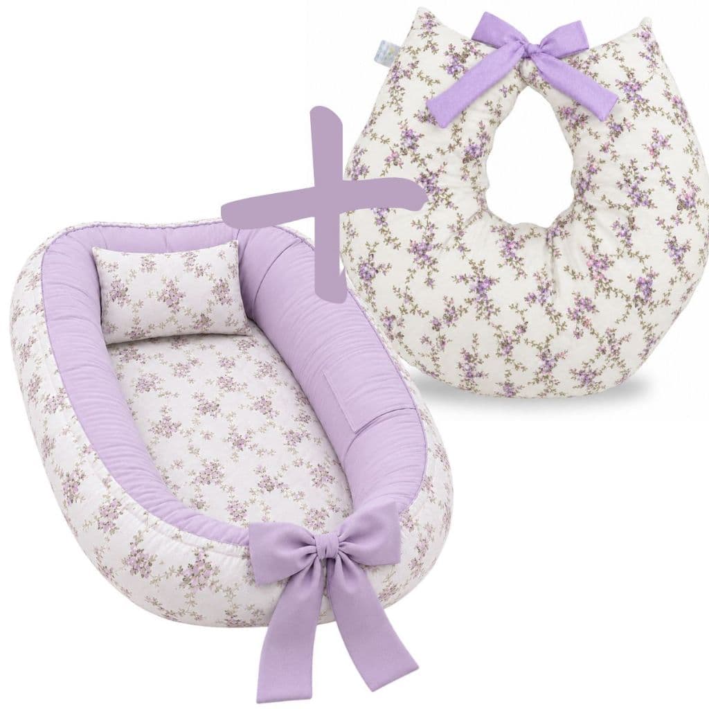Ninho Redutor de Berço Bebe Almofada Amamentação Kit 2 Peças Enxoval Menina Flores Lilás