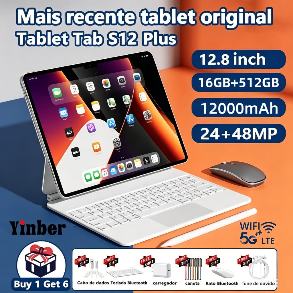 【Teclado e mouse grátis】 Tablet Galaxy S12 Plus 12,8 polegadas HD 16 GB + 512 GB Android 5G, Wi-Fi, Bluetooth 12000mAh