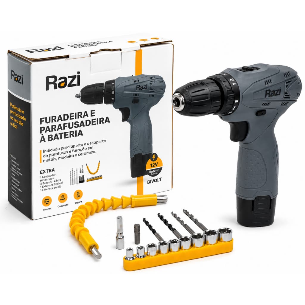 Furadeira Parafusadeira 12V com Luz LED, Controle de Torque e Kit de Acessórios 1400RPM Bivolt