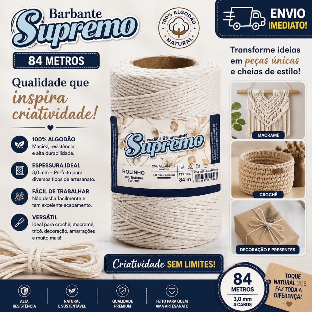 Barbante Supremo 100g 84 Metros Fio para Crochê Artesanato Macramê Algodão Natural