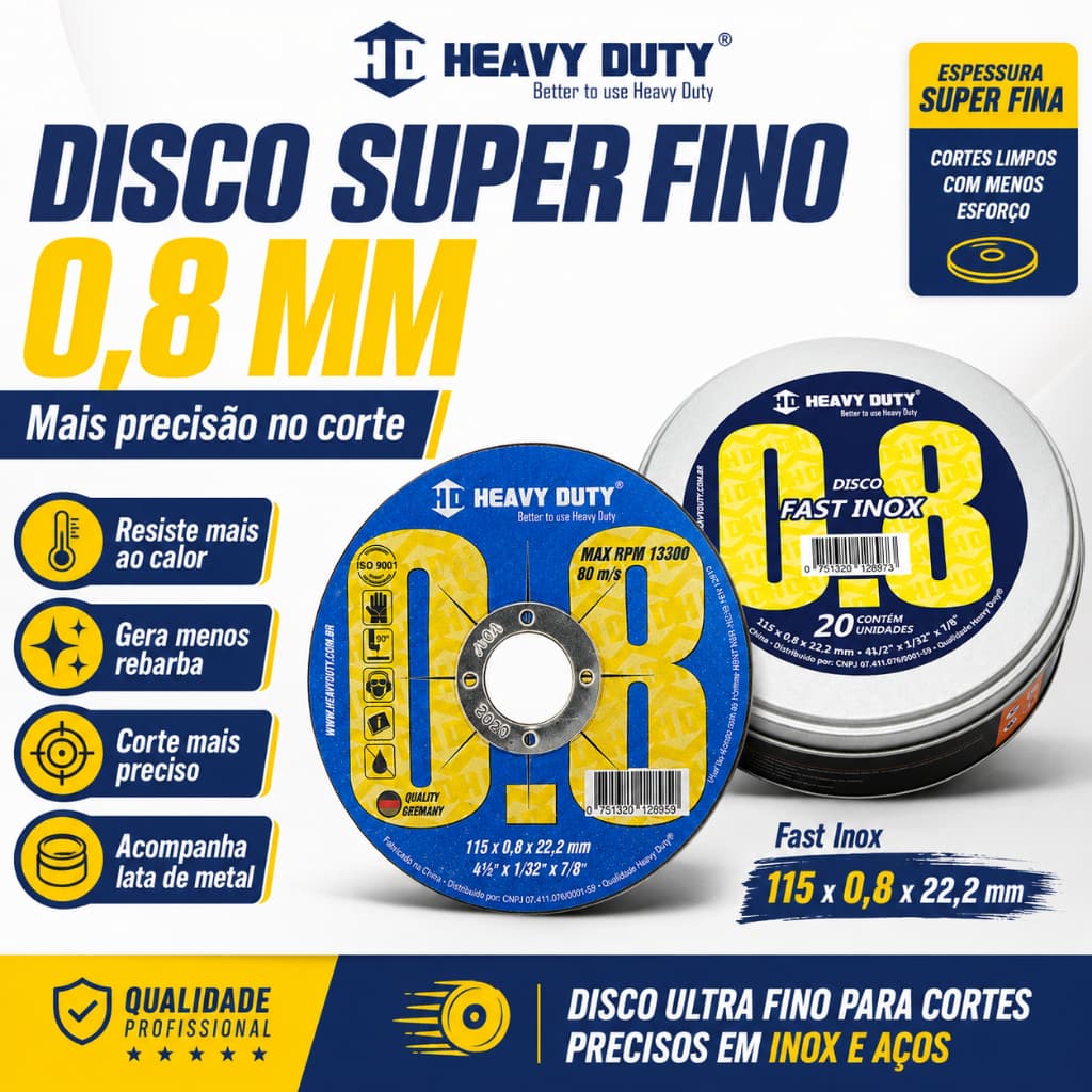 Kit 20 Discos de Corte Super Fino 4-1/2" 115X0,8X22,2 para Esmerilhadeira - Heavy Duty