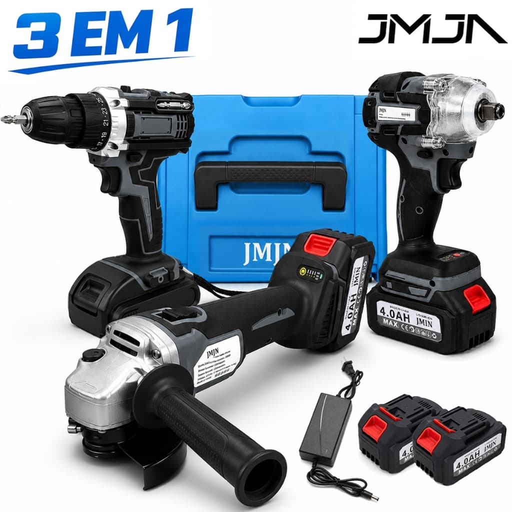 JMJN Kit Ferramentas 3 Em 1 JMJN Sem Fio Furadeira + Chave Impacto + Esmerilhadeira Com 2 Baterias 4.0Ah