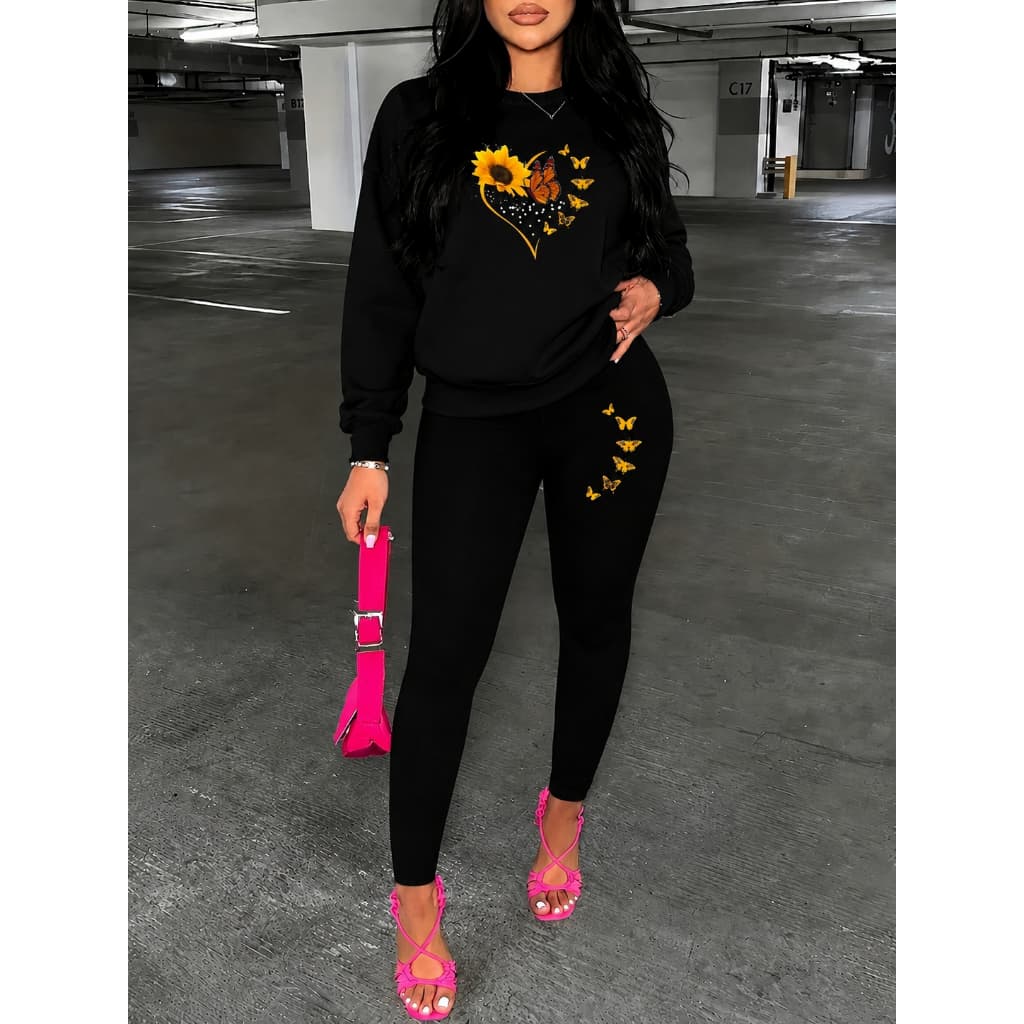 Conjunto Feminino Casual com Moletom Careca e Legging Estampa de Girassol e Borboletas Manga Longa