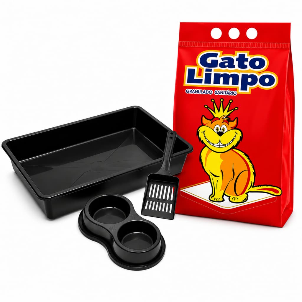 Kit Bandeja Higienica Para Gatos + Pa + Comedouro Bebedouro Resistentes Sanitaria + Areia Sanitaria Gato Limpo 4Kg