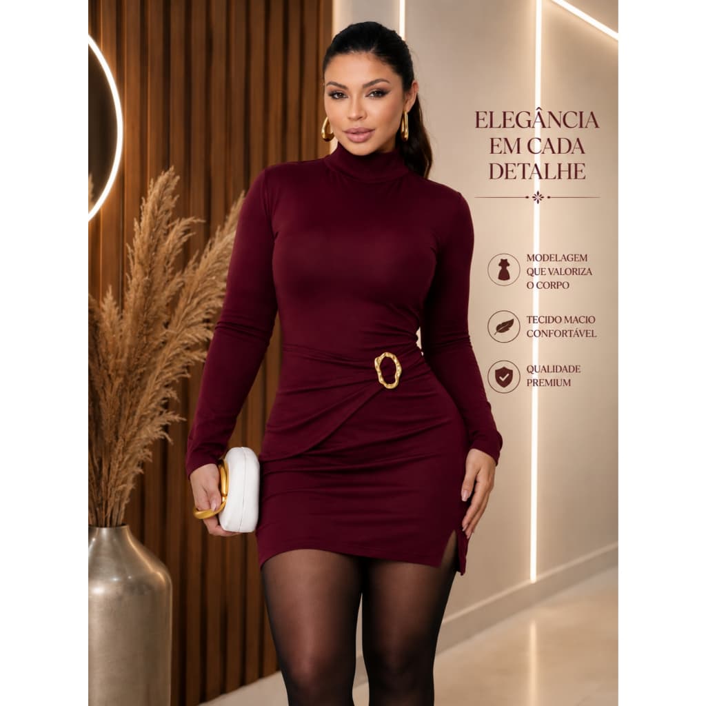 Vestido curto feminino fenda frontal manga longa gola alta fivela luxo acinturado inverno