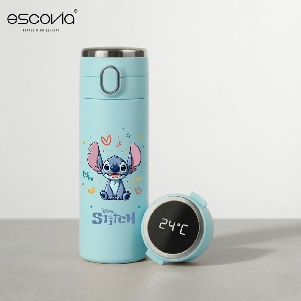 Garrafa Térmica Disney Stitch Rosto sorridente Aço Inoxidavel Parede Dupla 420ml com Termômetro Digital