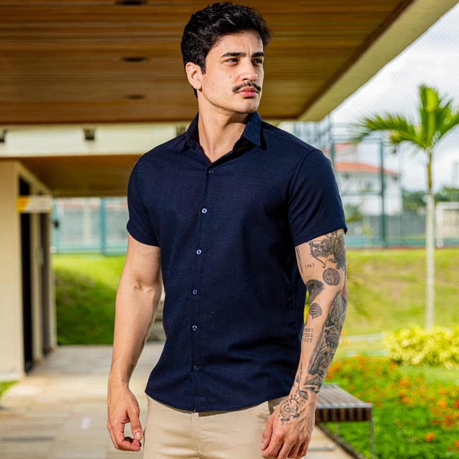 Camisa Social Masculina Linho Manga Curta Slim Fit Elegante Confortável Respirável Moda