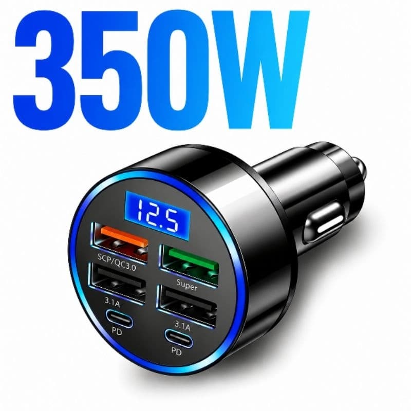 Carregador Veicular Turbo 350W 6 Portas USB USB-C PD QC3.0 Carregamento Rápido LED Digital