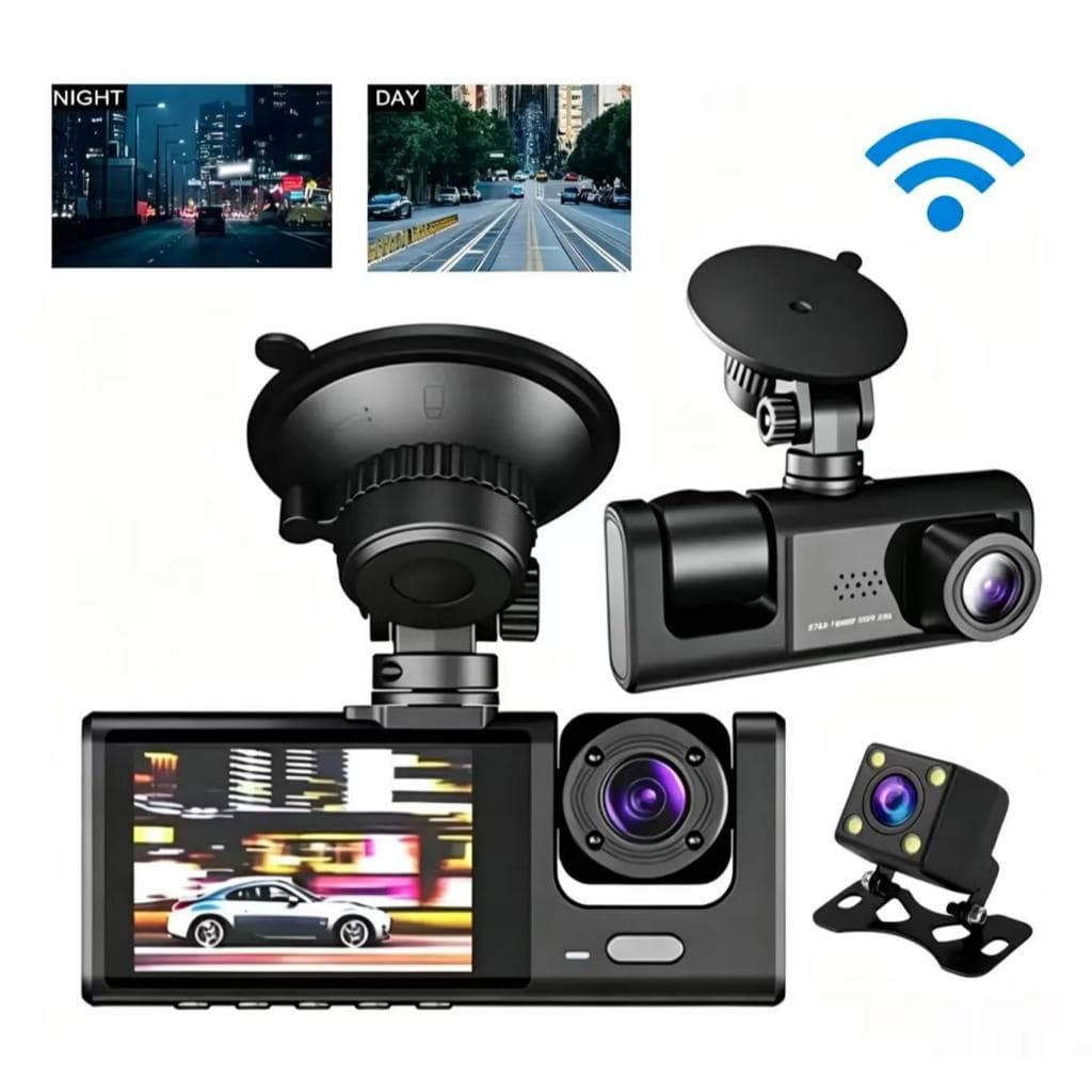 Câmera de Carro Tripla com Wi-Fi - Visão Frontal, Traseira e Interna em Full HD 1080P Armaz 64GB - LM TECH STORE