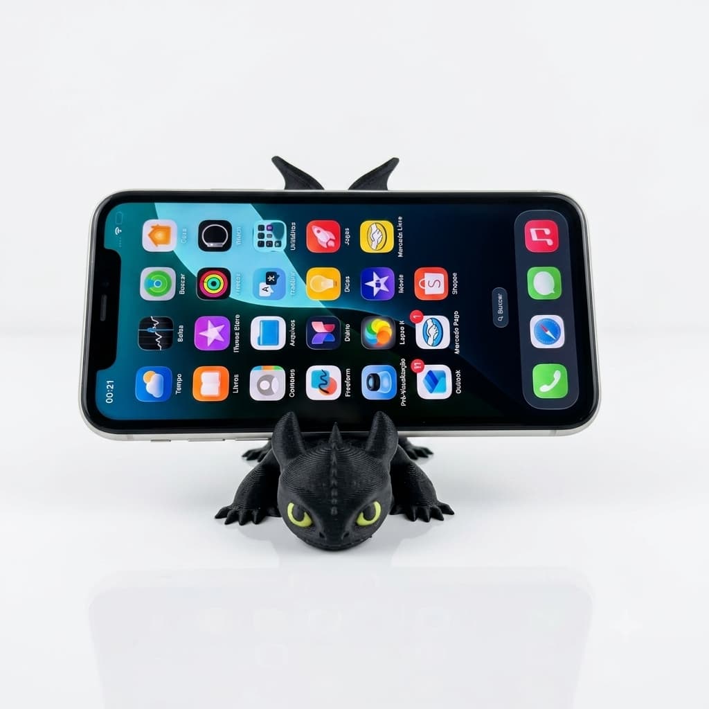Suporte Celular Dragão Negro 3D Porta Celular Mesa Decorativo Geek Presente Nerd iPhone Samsung Impressão 3D