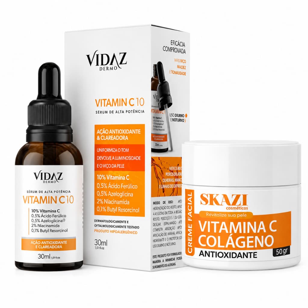 Kit Skazi Vitamina C Facial Sérum + Creme com Colágeno Antioxidante Clareador Hidratação