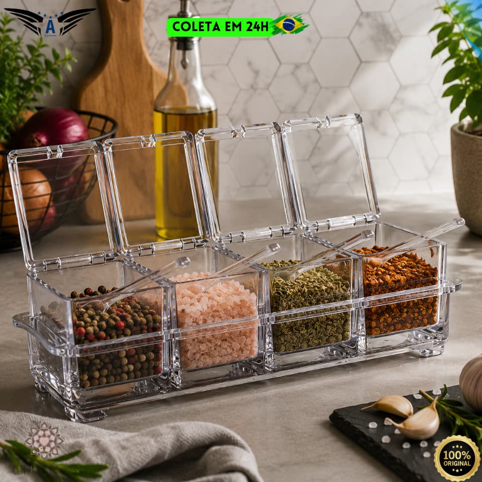 Porta Temperos ÓH CÉUS Acrílico 4 Potes Tampas Colheres Bandeja Organizador Condimentos Cozinha