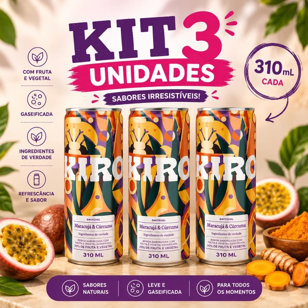 3x Kiro Bebida Gaseificada de Maracujá e Cúrcuma 310ml