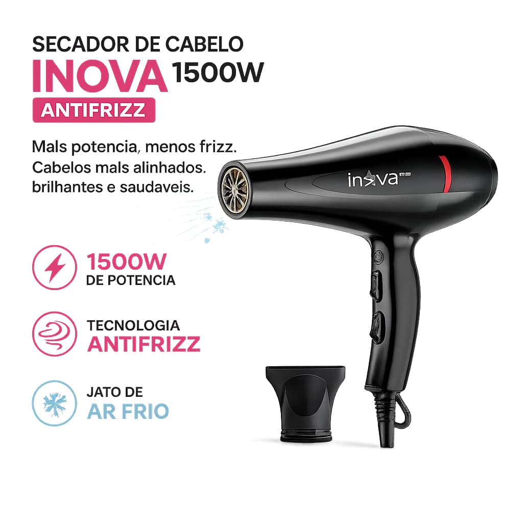 Secador de Cabelo Inova 1500W 127V Ar Frio Antifrizz 3 Temperaturas 2 Velocidades Profissional