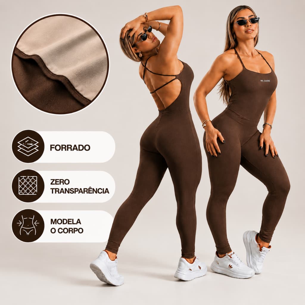 Macacão Academia Forrado Feminino Longo Fitness com Costas Abertas e de Alças Cruzadas em Suplex