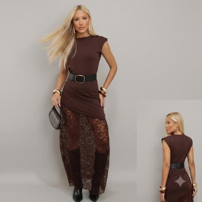 Vestido Longo Feminino Tendência Moda 2026 Elegante com Drapeado e Renda Forro Duplo Sofisticado Moda Chique