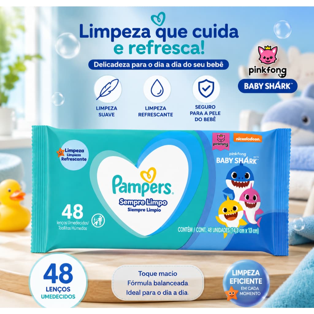 Pampers Lenço Umedecido Baby Shark Sempre Limpo 48 Lenços Original
